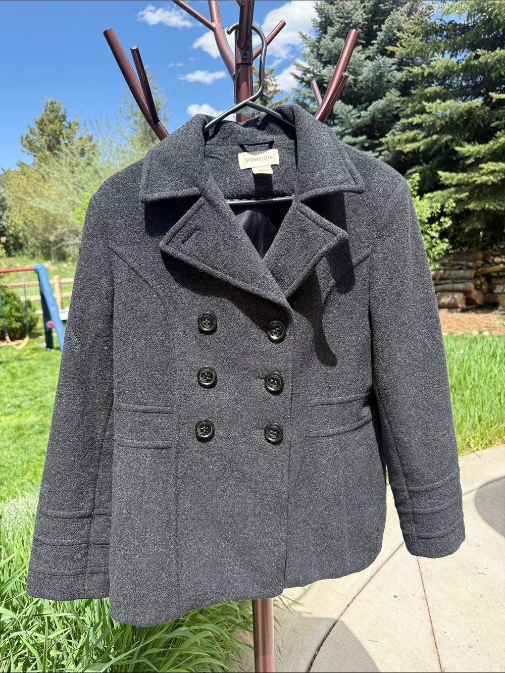 St. John's Bay Women's Double-Breasted Pea Coat - Charcoal